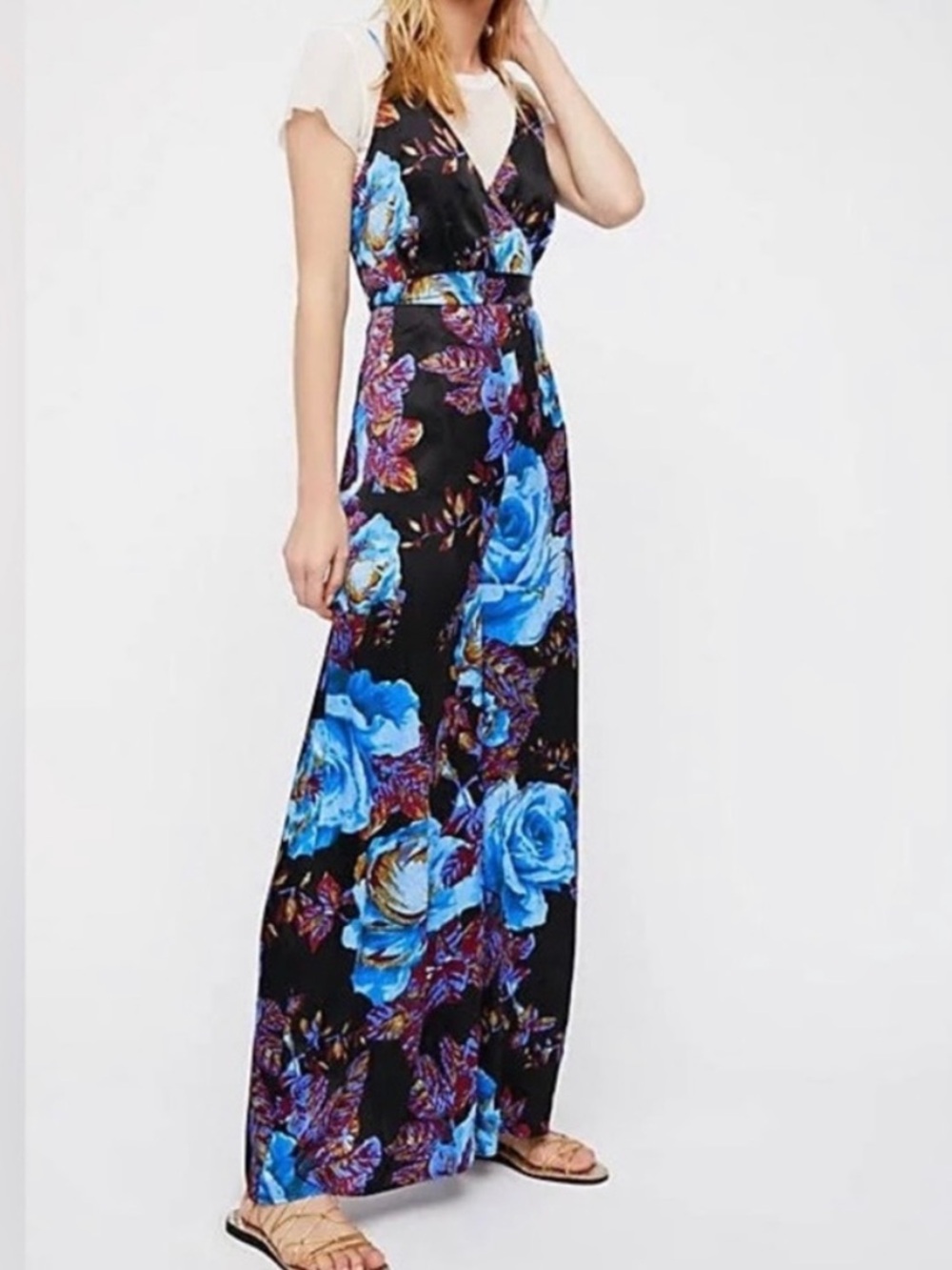 Free People Jumpsuit Floral Wide Leg Satin Sz 12